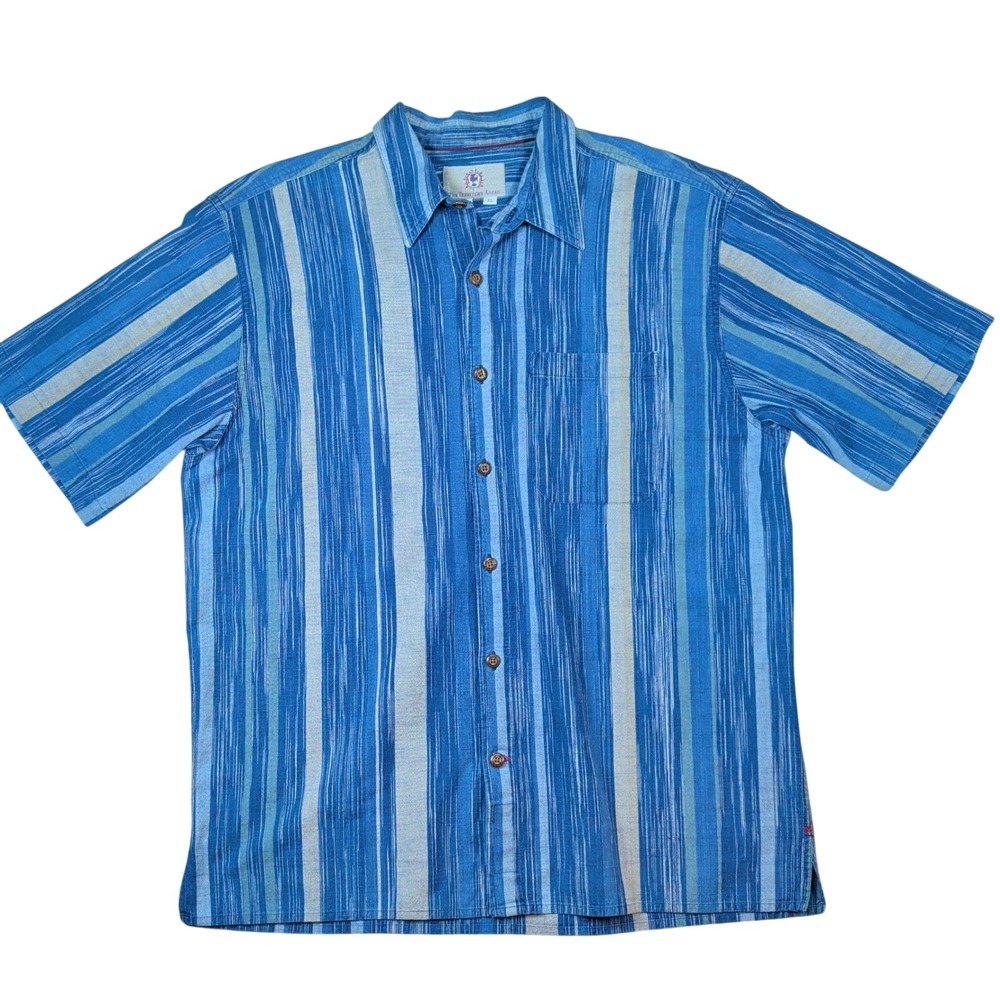VTG The Territory Ahead Button Down Mens XL Blue Striped Short Sleeve Indie Boho